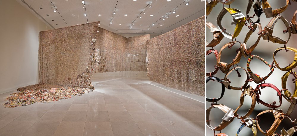 El Anatsui, Gli (Wall), 2010, Aluminum and copper wire; Dimensions variable Installation at Rice University Art Gallery Photo © Nash Baker Courtesy the artist and Jack Shainman Gallery, New York © El Anatsui